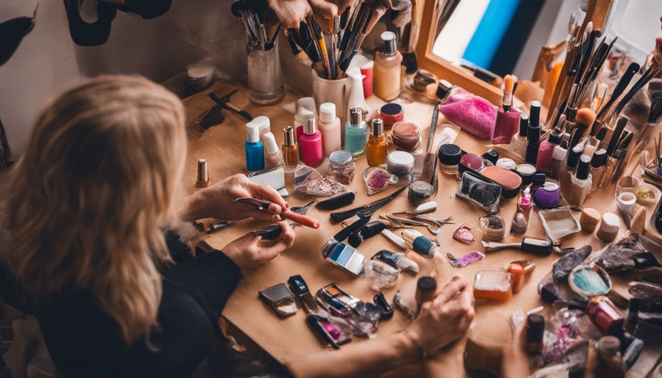 Woman ready to give herself a DIY manicure at cluttered vanity. Woman ready to give herself a DIY manicure at cluttered vanity.