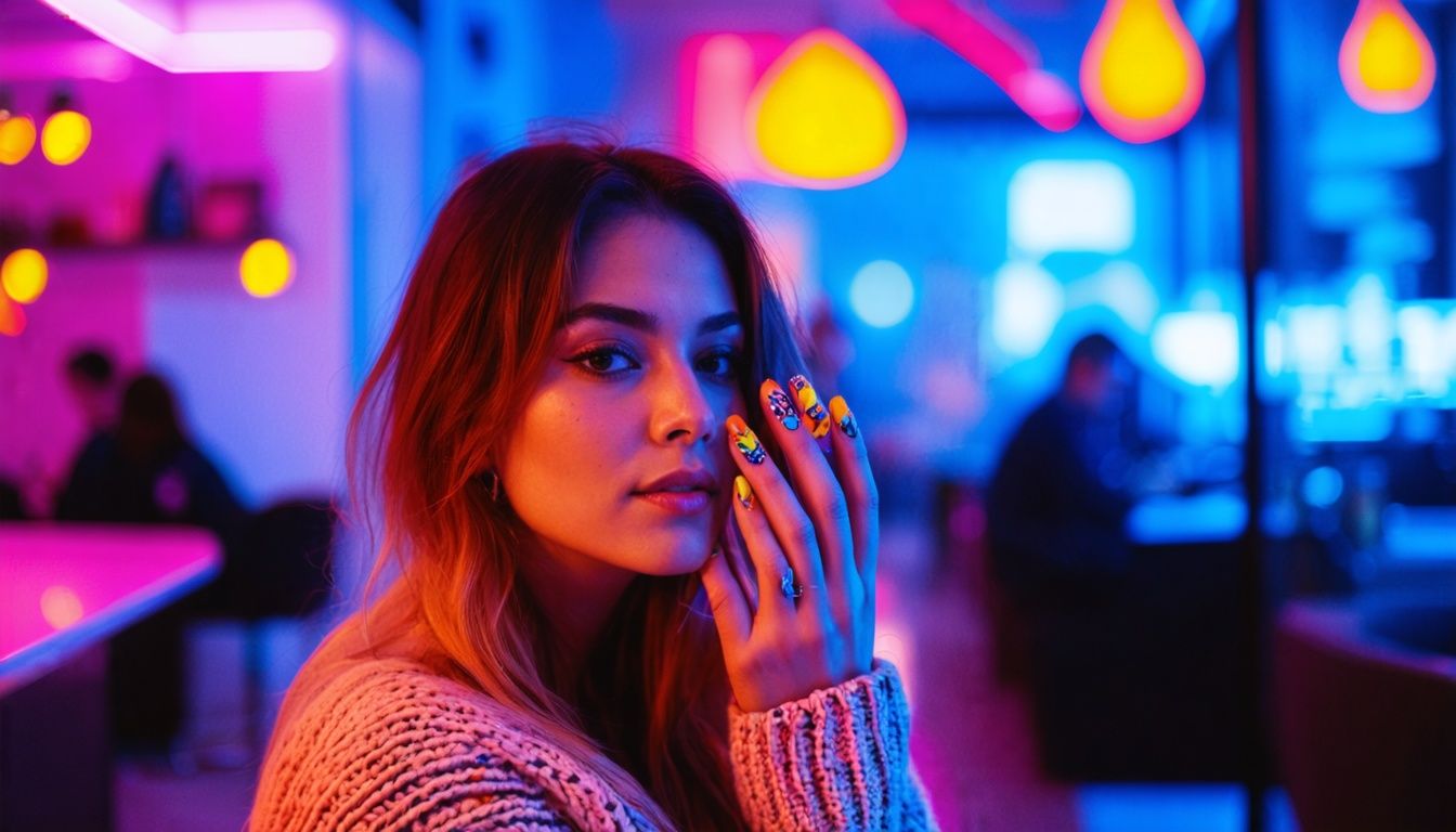 A woman in her 20s showing off a vibrant French manicure at a trendy nail salon. A woman in her 20s showing off a vibrant French manicure at a trendy nail salon.