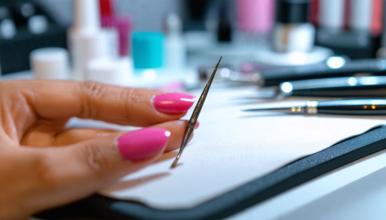 Close-up of specialized Russian manicure tools on an organized workstation. Close-up of specialized Russian manicure tools on an organized workstation.